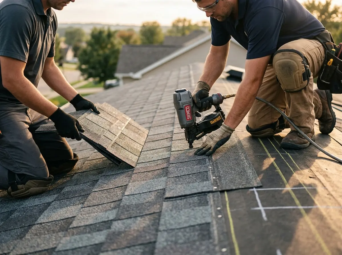 Professional roofer working on a residential roof in Hendersonville